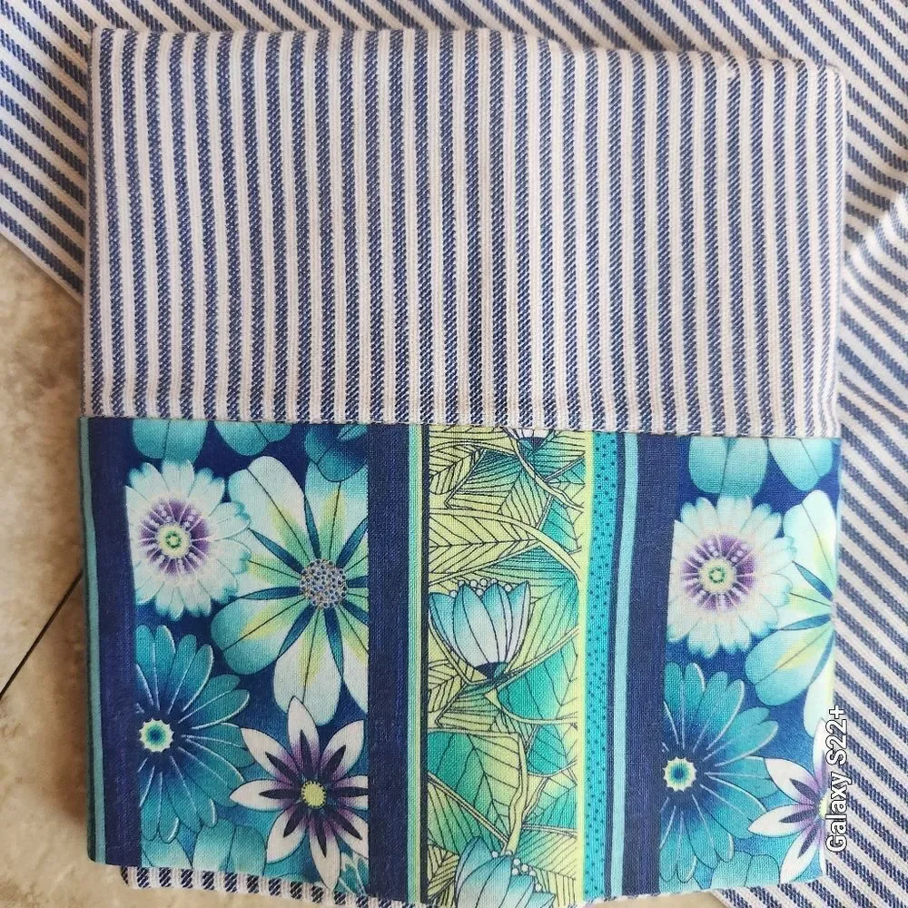 2 handmade pillow cases Blue stripe ticking fabric & turquoise/blue/green floral